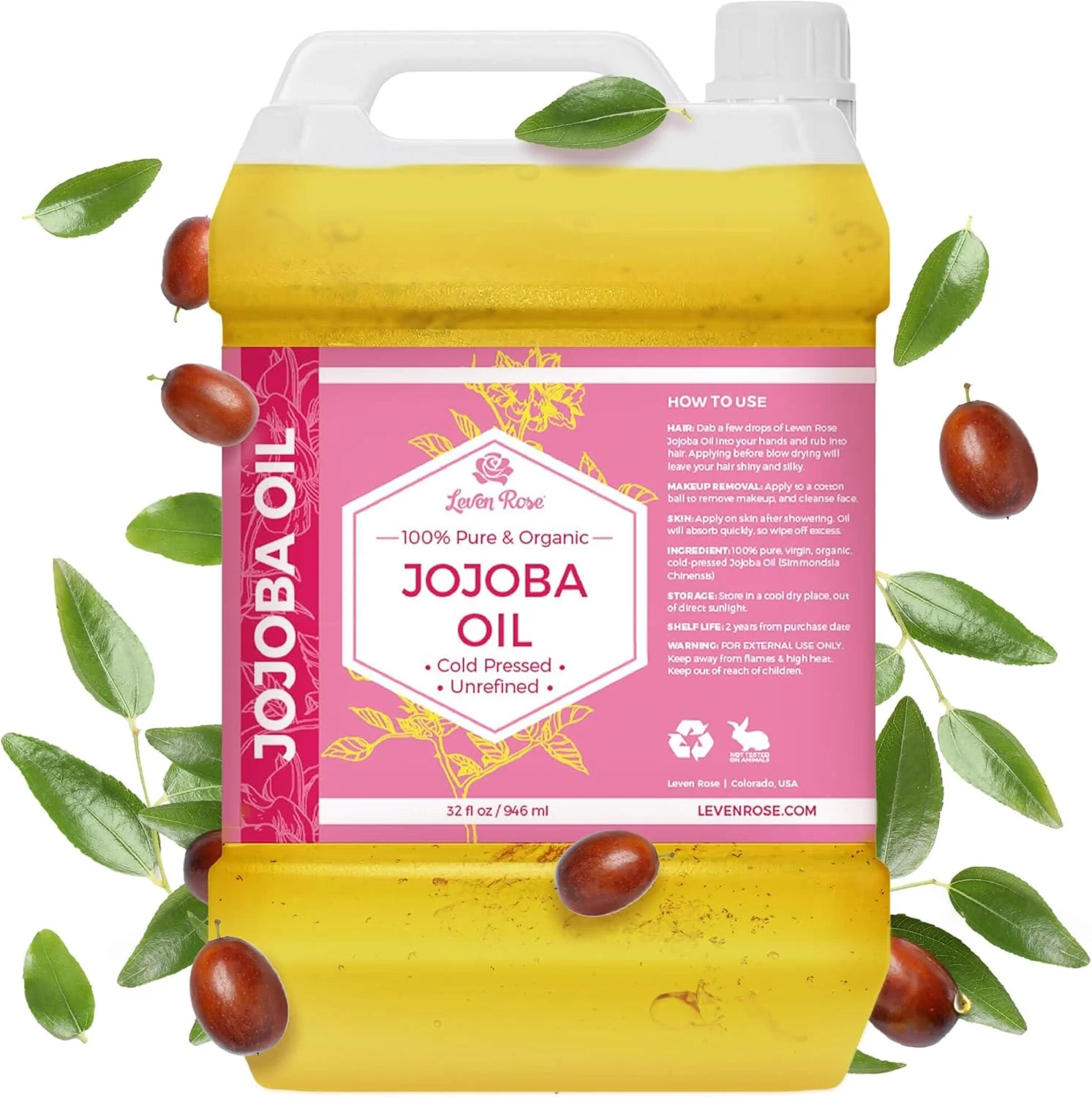 روغن جوجوبا عمده لِوِن رز، حجم بزرگ 946 میلی لیتر برای صابون، پوست، مو و ناخن