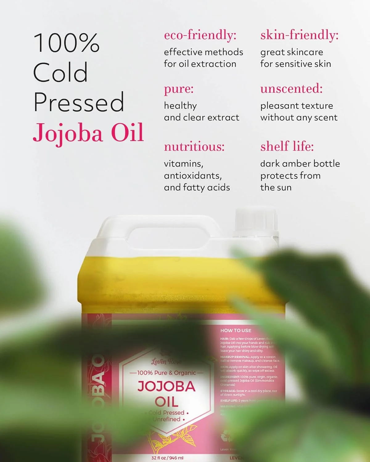 روغن جوجوبا عمده لِوِن رز، حجم بزرگ 946 میلی لیتر برای صابون، پوست، مو و ناخن