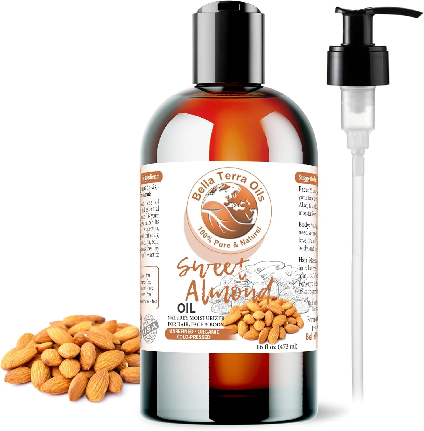 روغن بادام شیرین ارگانیک بلا ترا اویلز - 473 میلی لیتر - خلوص و لوکس بودن با ویتامین B و مواد معدنی بادام، اکسیر پرس سرد برای پوستی جذاب