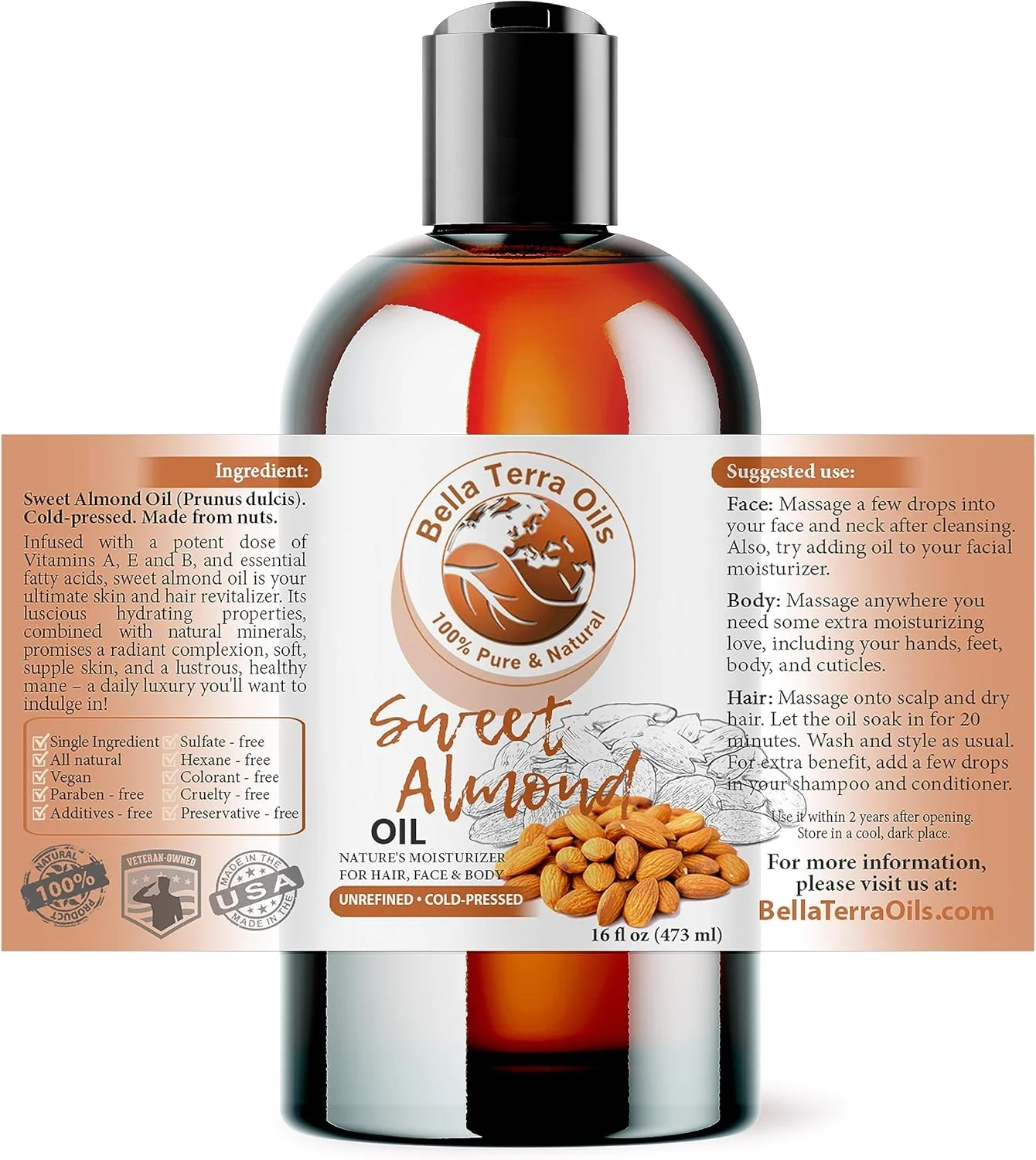 روغن بادام شیرین ارگانیک بلا ترا اویلز - 473 میلی لیتر - خلوص و لوکس بودن با ویتامین B و مواد معدنی بادام، اکسیر پرس سرد برای پوستی جذاب