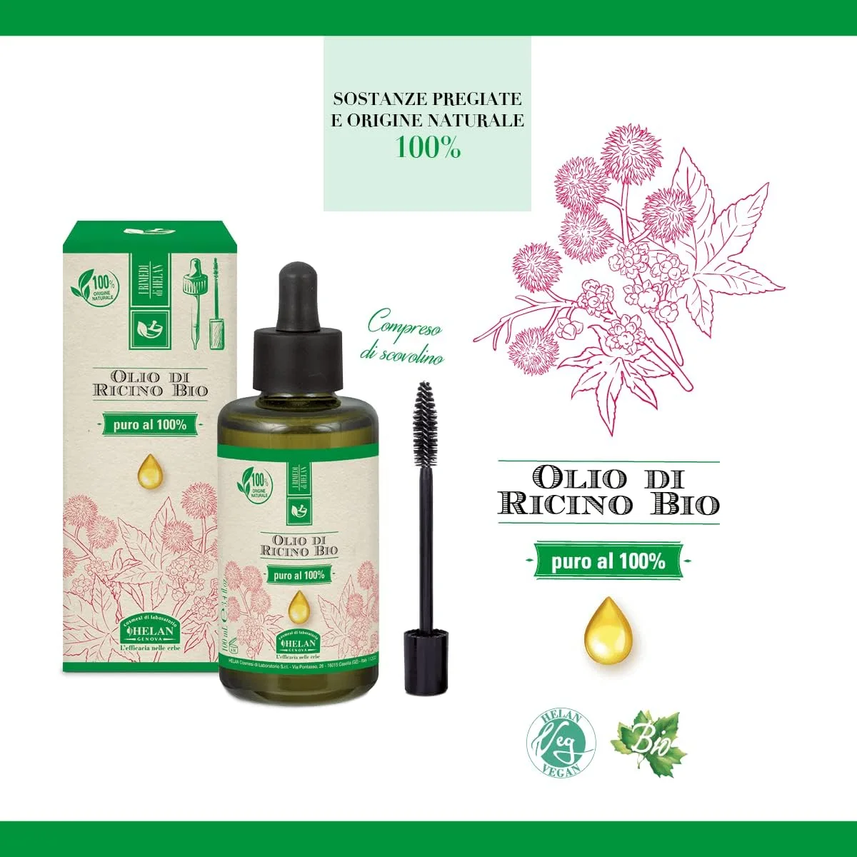 روغن کرچک خالص هلن ای ریمدی - 100% خالص برای رشد مو، مژه، ریش و ابرو، ناخن - روغن کرچک ارگانیک پرس سرد ایده آل به عنوان روغن کوتیکول و برای مرطوب کردن انواع پوست - ساخت ایتالیا 100 میلی لیتر