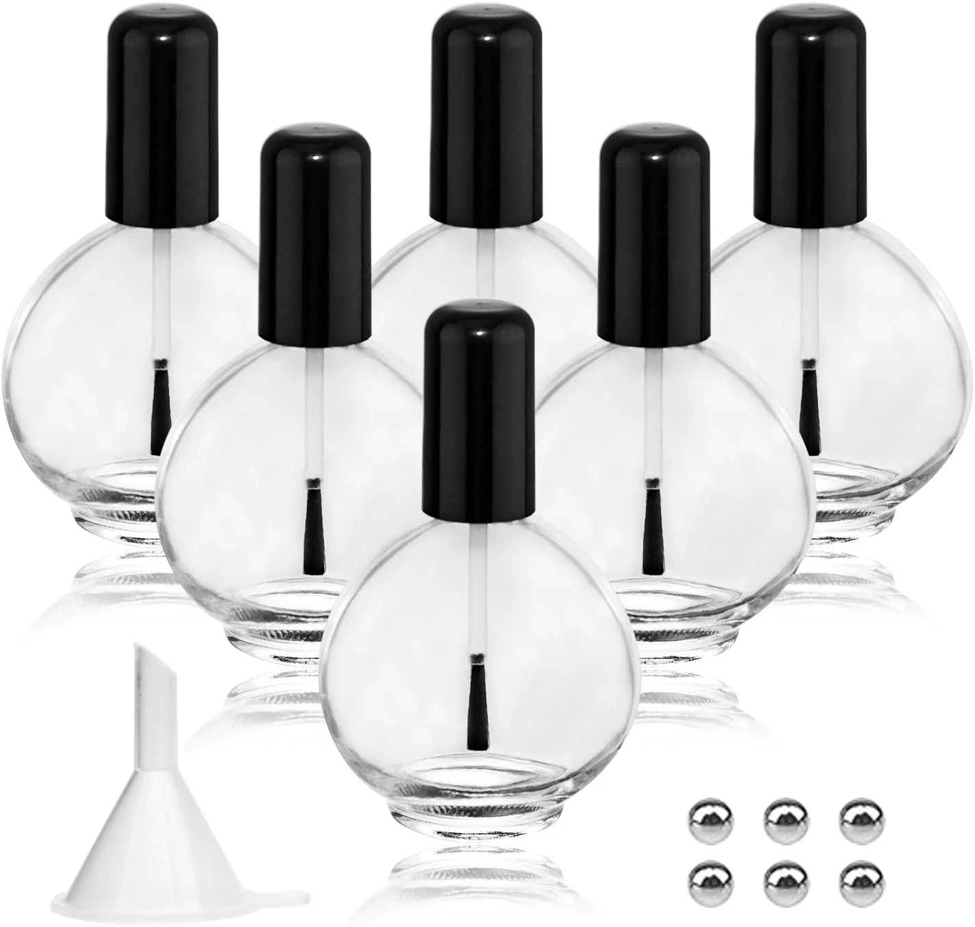 ست 6 عددی بطری لاک ناخن خالی با برس، ظرفیت بالا 75 میلی لیتر، بطری های شیشه ای کروی بزرگ قابل پر کردن مجدد روغن کوتیکول با قیف و توپ های مخلوط کننده 75 میلی لیتر برای هنر ناخن و روغن های کوتیکول (مشکی)