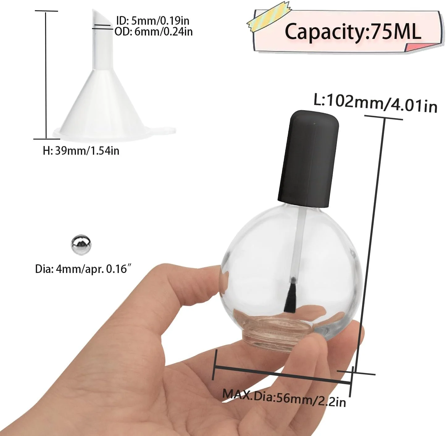 ست 6 عددی بطری لاک ناخن خالی با برس، ظرفیت بالا 75 میلی لیتر، بطری های شیشه ای کروی بزرگ قابل پر کردن مجدد روغن کوتیکول با قیف و توپ های مخلوط کننده 75 میلی لیتر برای هنر ناخن و روغن های کوتیکول (مشکی)
