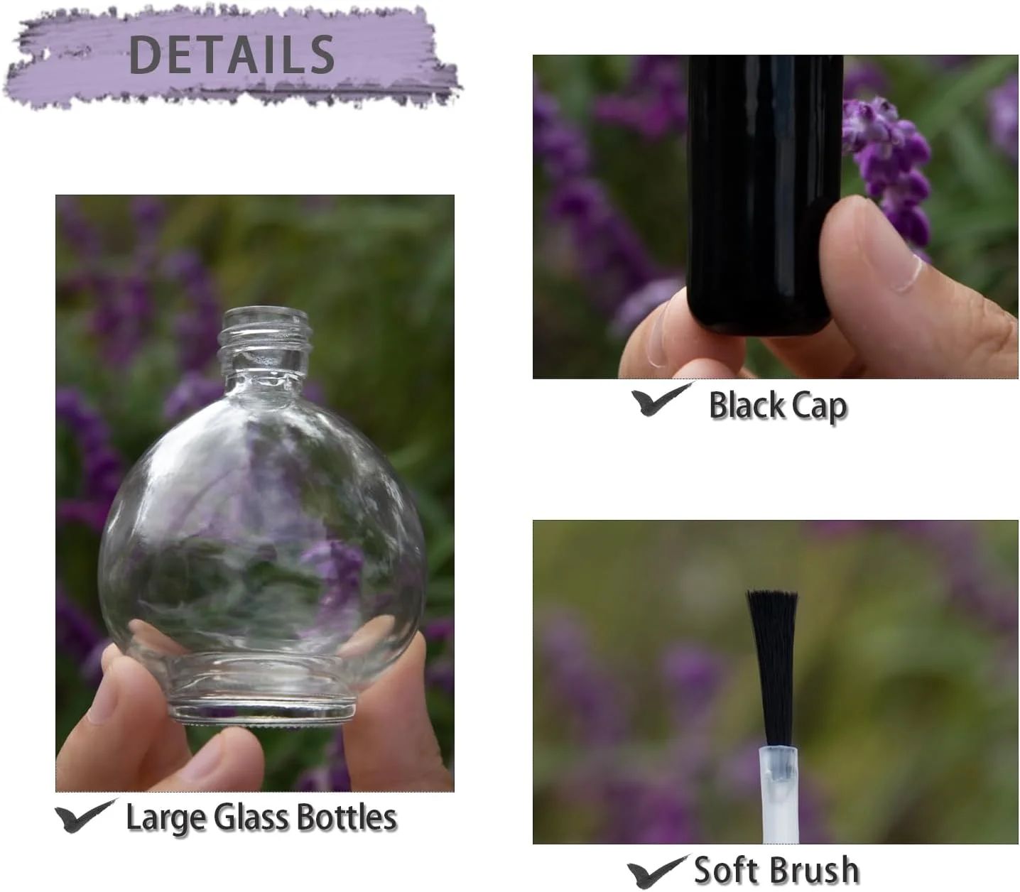 ست 6 عددی بطری لاک ناخن خالی با برس، ظرفیت بالا 75 میلی لیتر، بطری های شیشه ای کروی بزرگ قابل پر کردن مجدد روغن کوتیکول با قیف و توپ های مخلوط کننده 75 میلی لیتر برای هنر ناخن و روغن های کوتیکول (مشکی)