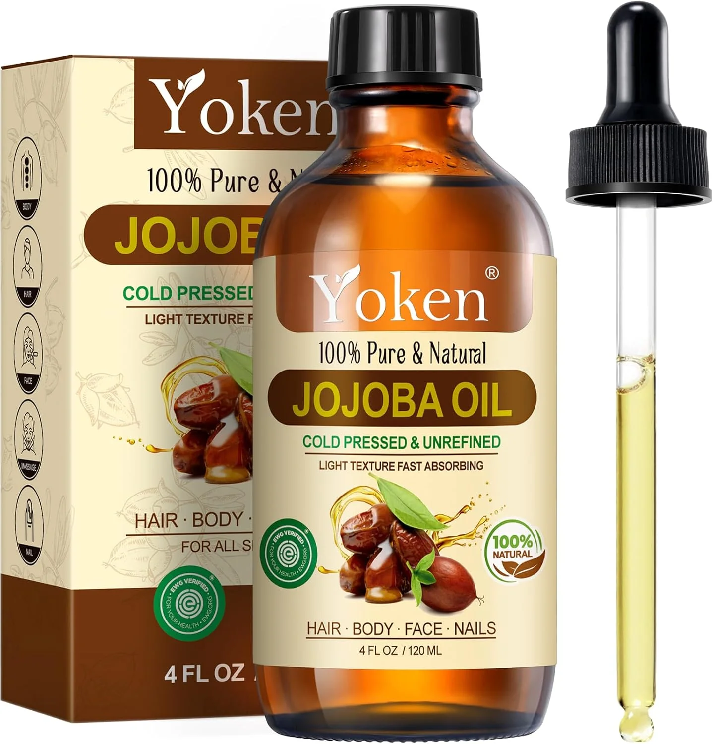 روغن جوجوبا یوکن 118 میلی لیتر، 100% خالص، پرس سرد، مناسب پوست، مو، ناخن و کوتیکول - تصفیه نشده و بدون هگزان، مرطوب کننده طبیعی، روغن حامل، سرم صورت برای گوا شا