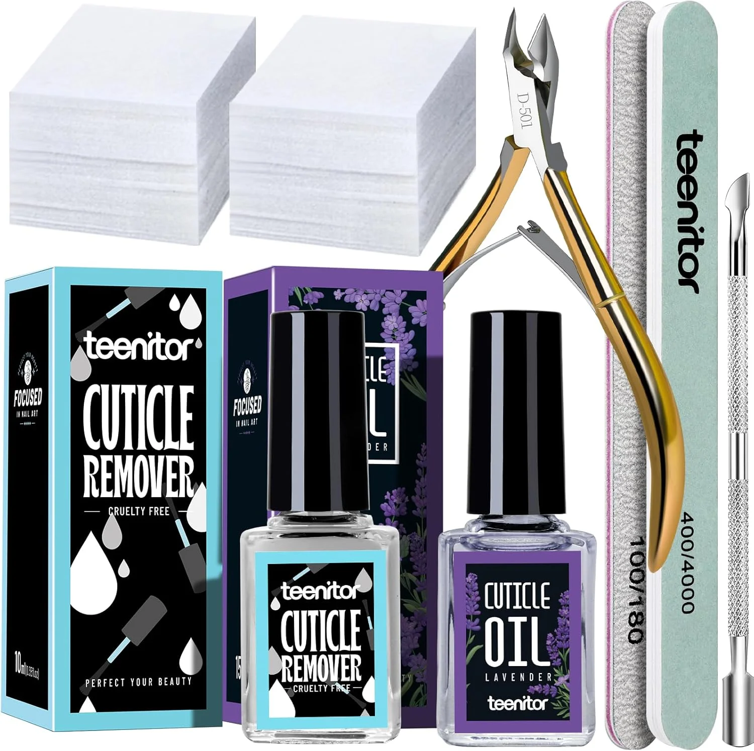 مجموعه ابزار از بین برنده پوستک Teenitor، روغن پوستک، مجموعه ابزار مراقبت از ناخن با انبر پوستک، عقب زن پوستک، سوهان ناخن، بافر ناخن و پدهای پنبه ای تمیز کننده