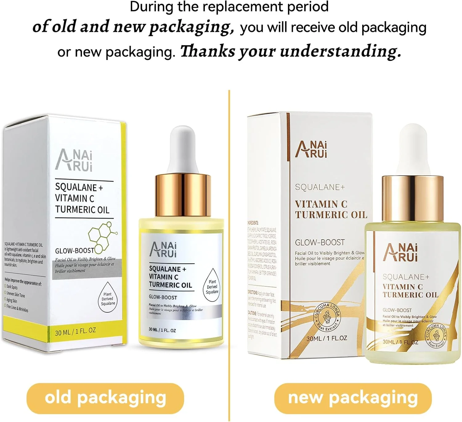 روغن صورت ویتامین C ANAI RUI با روغن اسکوالان و روغن زردچوبه - روغن درخشان کننده صورت - روغن صورت طبیعی برای پوست خشک، مو، کوتیکول ها، دست ها و پاهای خشک، 30 میلی لیتر