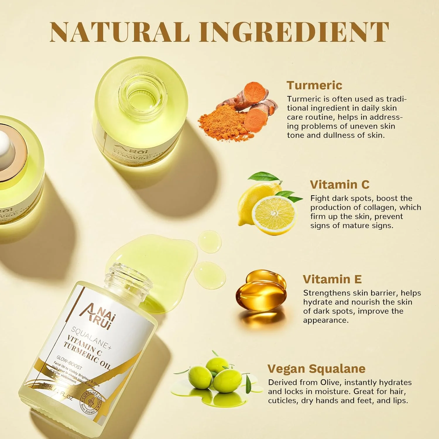 روغن صورت ویتامین C ANAI RUI با روغن اسکوالان و روغن زردچوبه - روغن درخشان کننده صورت - روغن صورت طبیعی برای پوست خشک، مو، کوتیکول ها، دست ها و پاهای خشک، 30 میلی لیتر
