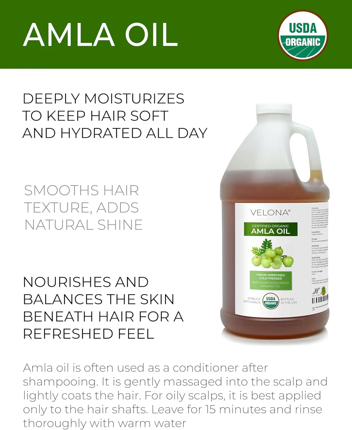 روغن آملا ولونا، دارای گواهی USDA ارگانیک - 1.89 لیتر | روغن حامل 100% خالص و طبیعی | فوق بکر، تصفیه نشده، پرس سرد