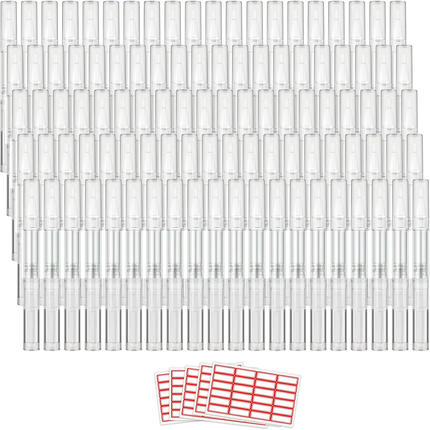 100 عدد قلم روغن کوتیکول خالی 3 میلی لیتری، قلم روغن ناخن خالی، قلم های پیچشی شفاف با نوک برس، ظروف براق کننده لب آرایشی، لوله مایع رشد مژه، با 5 برچسب