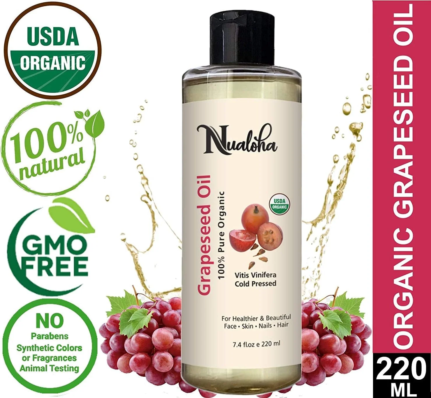 روغن هسته انگور ارگانیک، روغن خالص پرس سرد برای پوست مستعد آکنه، مراقبت از مو، پاک کننده صورت، مرطوب کننده ضد پیری برای چین و چروک و علائم کشش - 220 میلی لیتر
