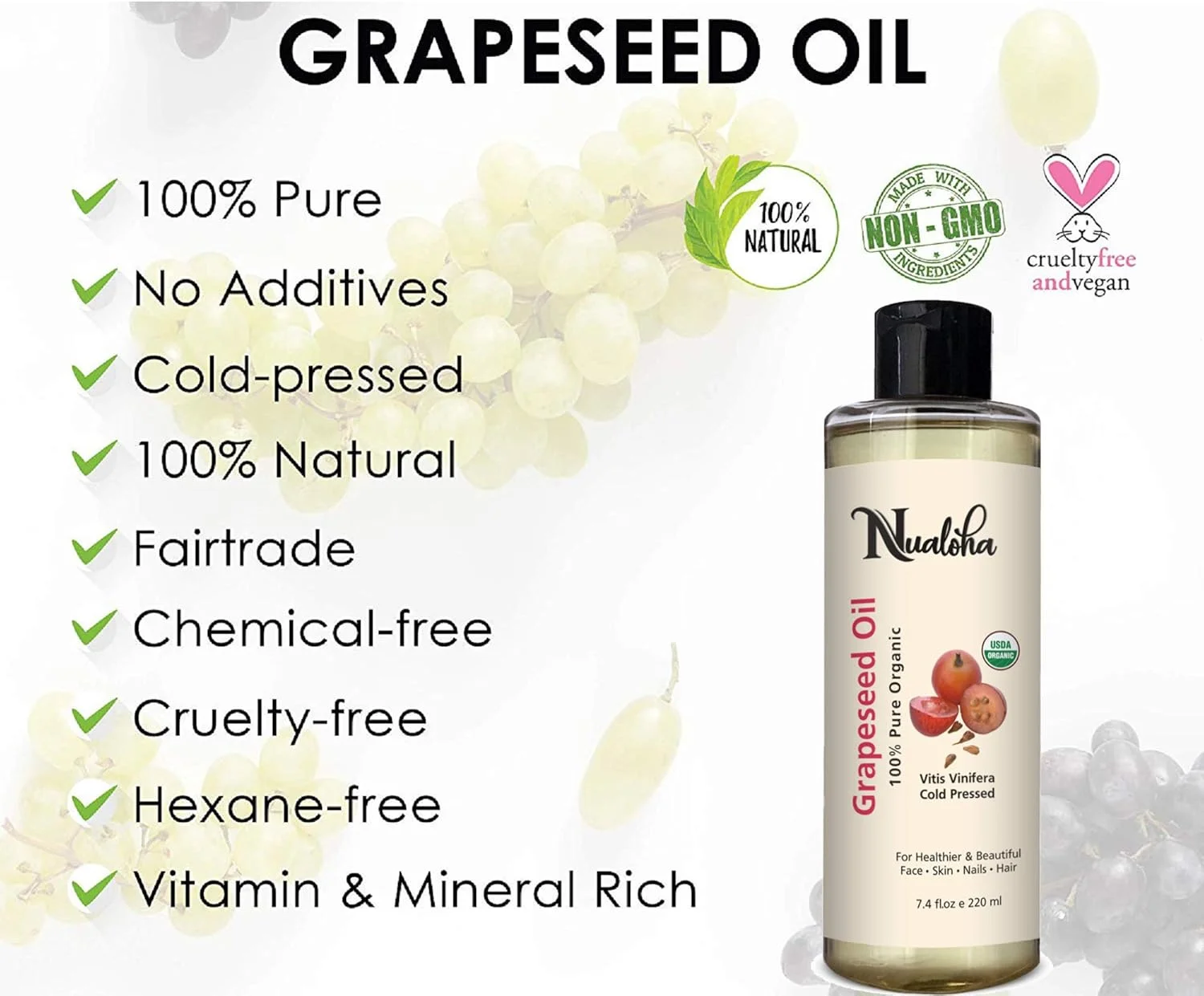 روغن هسته انگور ارگانیک، روغن خالص پرس سرد برای پوست مستعد آکنه، مراقبت از مو، پاک کننده صورت، مرطوب کننده ضد پیری برای چین و چروک و علائم کشش - 220 میلی لیتر
