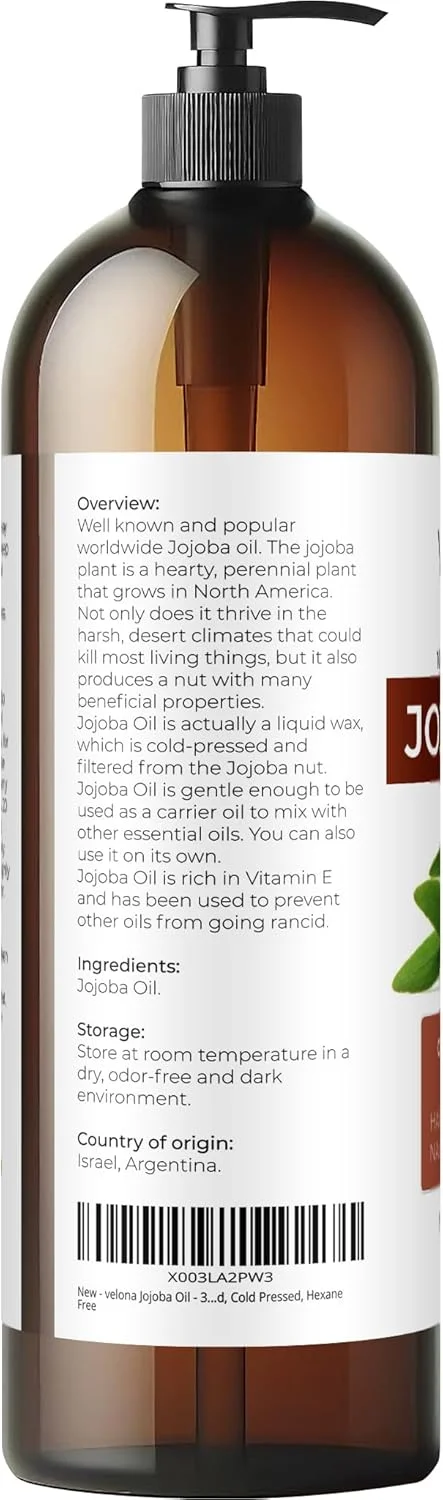 روغن جوجوبا ولونا - ۹۴۶ میلی لیتر (همراه با پمپ) | ۱۰۰٪ خالص و طبیعی | طلایی، تصفیه نشده، پرس سرد، بدون هگزان | مرطوب کننده صورت، مو، بدن، مراقبت از پوست، ترک های پوستی، کوتیکول