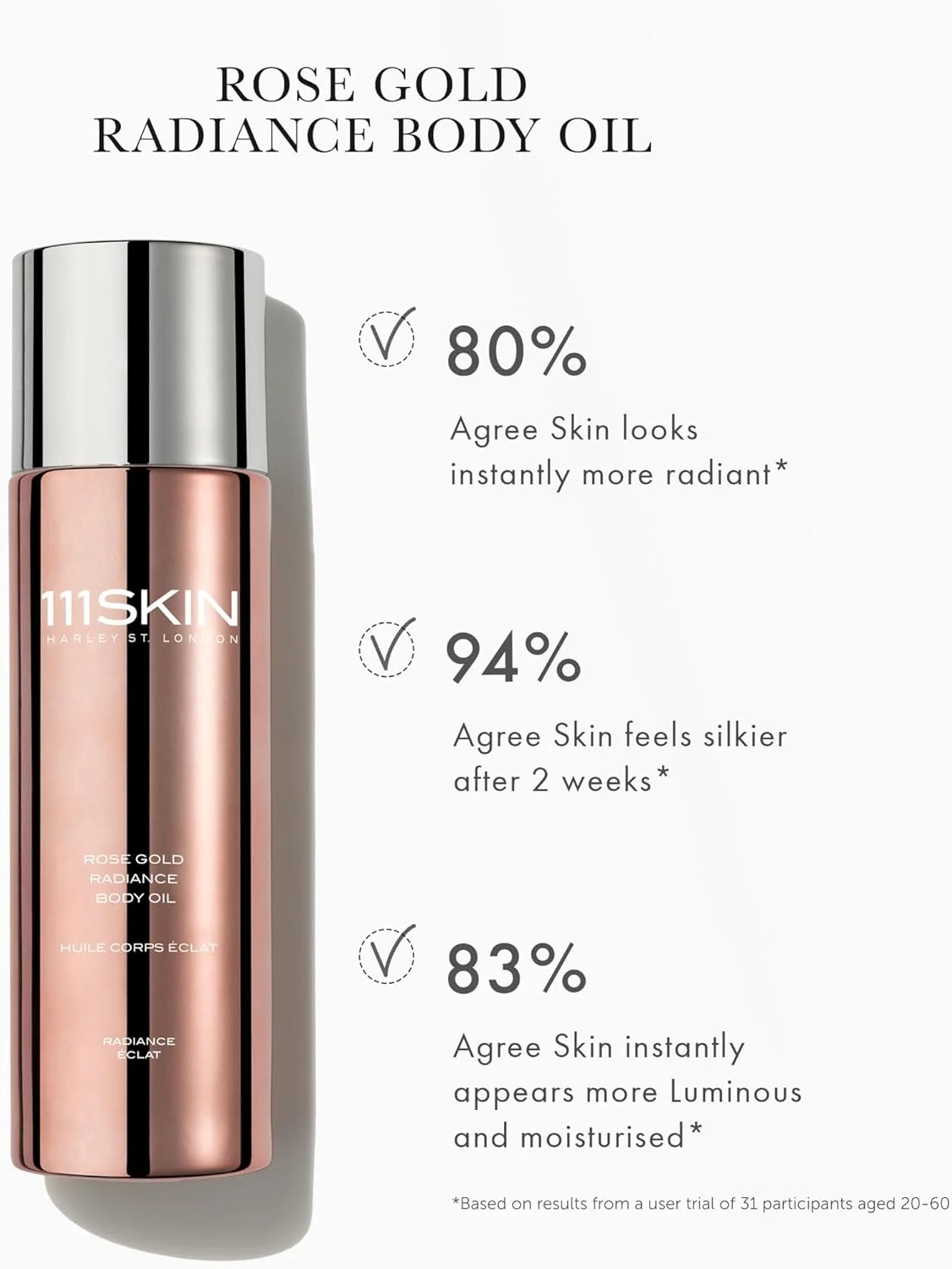 روغن بدن درخشان رز گلد 111Skin، روغن مرطوب کننده غیر چرب، روغن بدن تسکین دهنده حاوی عصاره گل رز دمشقی، ریزجلبک سبز و بابونه، 100 میلی لیتر