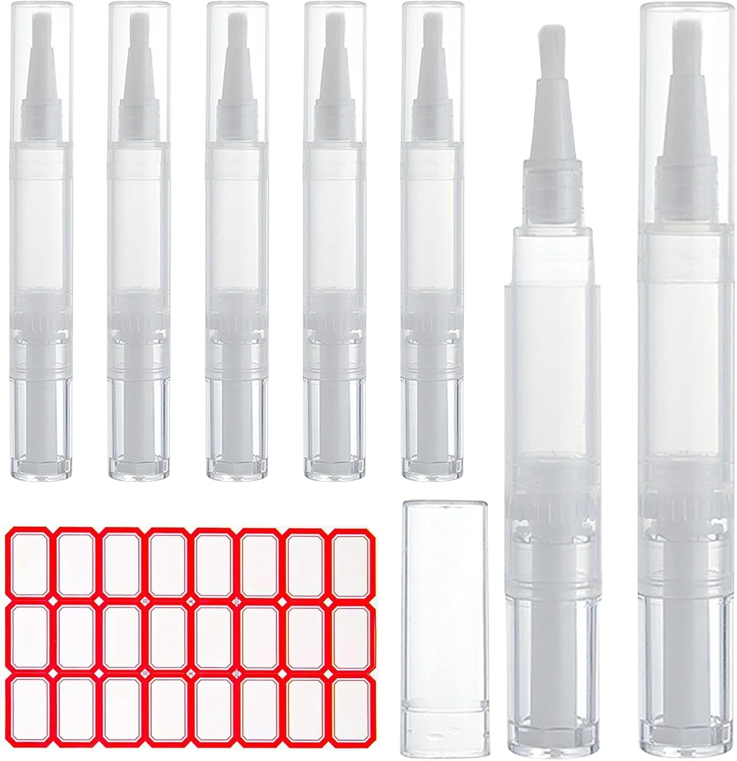 بسته 7 عددی قلم روغن کوتیکول خالی 5 میلی لیتری، قلم های پیچشی شفاف قابل پر کردن مجدد، قلم روغن ناخن خالی با نوک برس، لوله مایع رشد مژه، ظرف براق کننده لب آرایشی برای اپلیکاتور