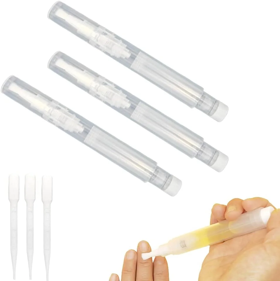 بسته 3 عددی قلم روغن کوتیکول قابل پر کردن مجدد 6 میلی لیتری، قلم خالی قابل استفاده مجدد برای پر کردن آسان روغن جوجوبا/روغن ناخن/روغن مو، قلم های ظرف آرایشی شفاف با فشار یک دست