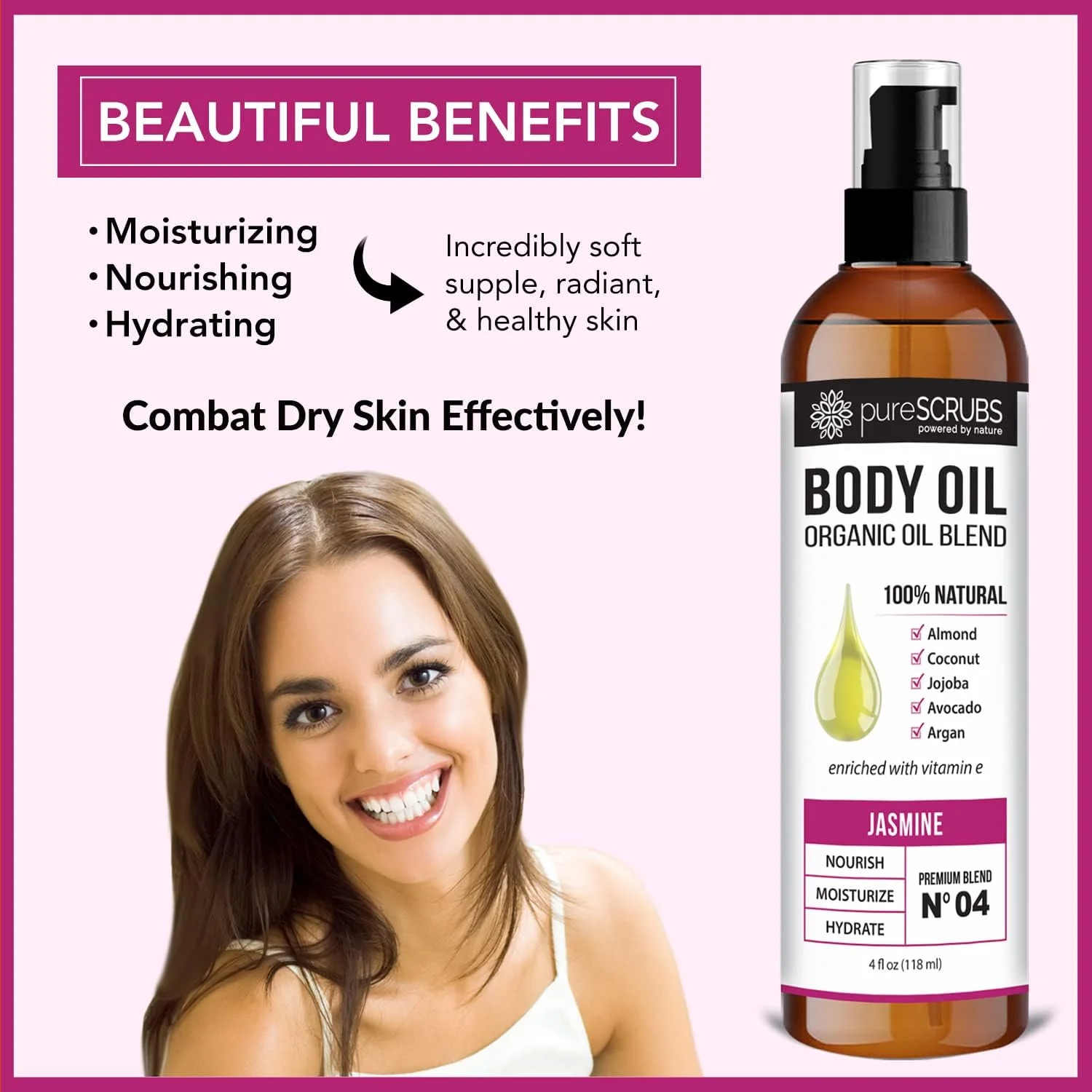 اسپری روغن بدن یاسمن فوق مرطوب کننده pureSCRUBS برای پوست خشک، ماساژ، کوتیکول ها و موارد دیگر - ترکیب ارگانیک فوق العاده از جوجوبا، آرگان، نارگیل، بادام شیرین و آووکادو غنی شده با ویتامین E - سایز بزرگ ۱۲۰ میل