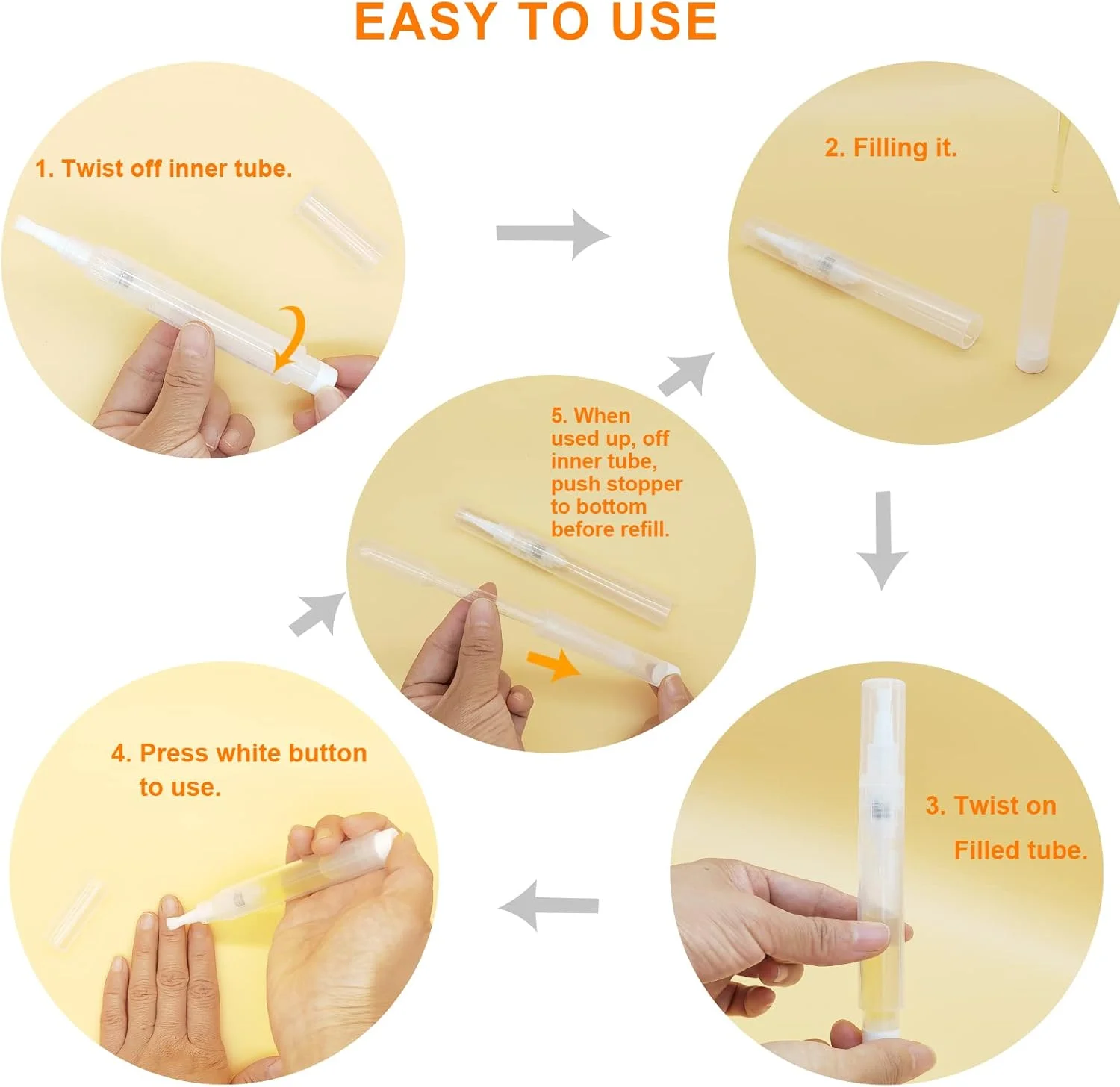 بسته 3 عددی قلم روغن کوتیکول قابل پر کردن مجدد 6 میلی لیتری، قلم خالی قابل استفاده مجدد برای پر کردن آسان روغن جوجوبا/روغن ناخن/روغن مو، قلم های ظرف آرایشی شفاف با فشار یک دست بسته 3 عددی قلم روغن کوتیکول قابل پر کردن مجدد 6 میلی لیتری، قلم خالی قابل استفاده مجدد برای پر کردن آسان روغن جوجوبا/روغن ناخن/روغن مو، قلم های ظرف آرایشی شفاف با فشار یک دست