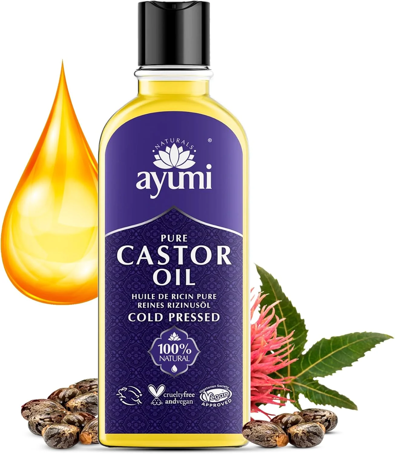 روغن کرچک خالص آیومی با ویتامین ای، امگا 6 و 9 | روغن کرچک پرس سرد برای رشد و مراقبت از مو | روغن کرچک برای مژه و ابرو | روغن ریش و روغن کوتیکول ناخن برای آراستگی | 1x150ml