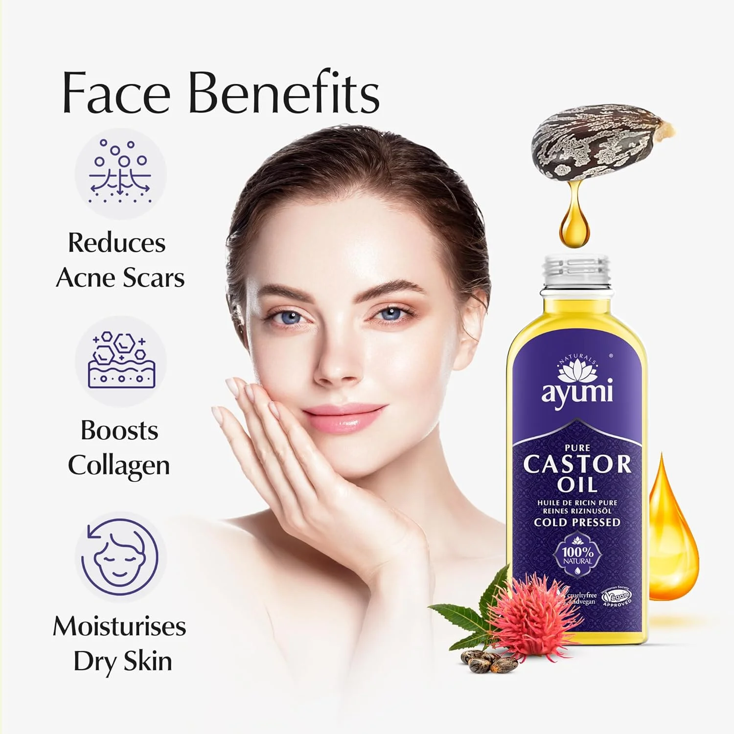 روغن کرچک خالص آیومی با ویتامین ای، امگا 6 و 9 | روغن کرچک پرس سرد برای رشد و مراقبت از مو | روغن کرچک برای مژه و ابرو | روغن ریش و روغن کوتیکول ناخن برای آراستگی | 1x150ml