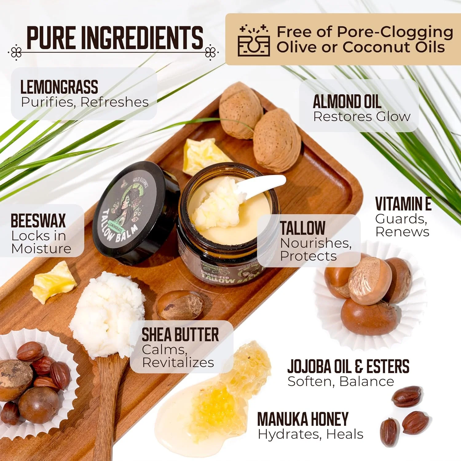 بالم پیه گاو تغذیه شده با علف و عسل مانوکا، کرم صورت و بدن اگزما، مرطوب کننده پوست خشک با کره شی، روغن بادام و جوجوبا، موم زنبور عسل، آرد پیکان، ویتامین ای - بدون عطر - ساخت کانادا، 2 اونس