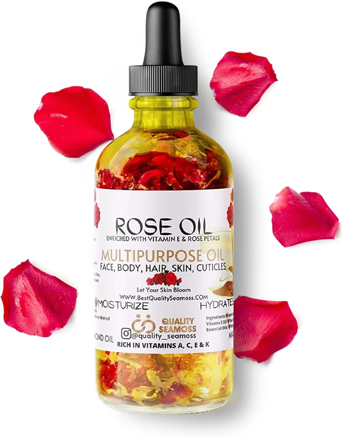 روغن چند منظوره رز ارگانیک با کیفیت برای صورت، بدن و مو - زردآلو، ویتامین ای، مرطوب کننده بادام شیرین، ترنج برای پوست خشک، پوست سر و ناخن - گلبرگ های گل رز