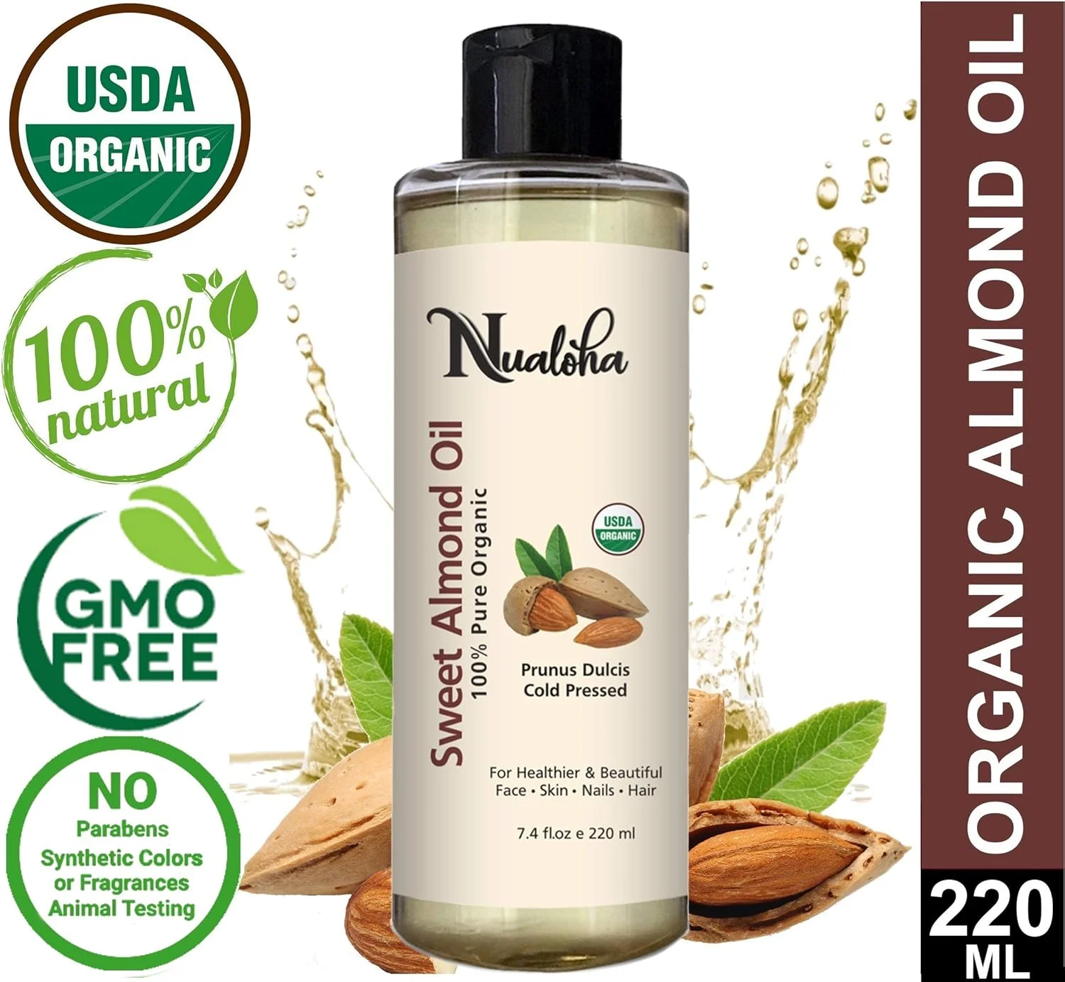 روغن بادام شیرین ارگانیک تایید شده ۲۲۰ میلی لیتر - روغن مرطوب کننده طبیعی ۱۰۰٪ خالص برای مراقبت از پوست، صورت و مو