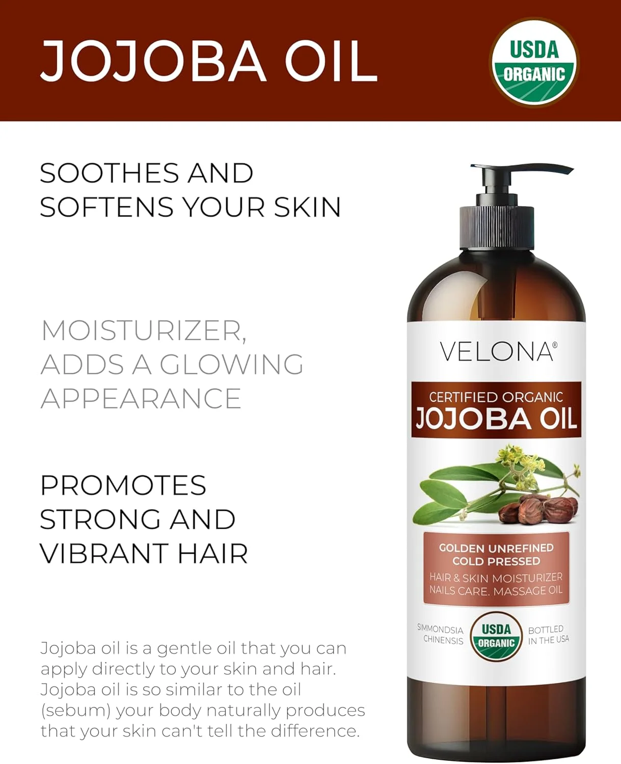 روغن جوجوبا ارگانیک ولونا 236 میلی لیتر - 100% خالص، پرس سرد تصفیه نشده برای صورت، مو، بدن، مراقبت از پوست مستعد آکنه، ترک های پوستی و کوتیکول ها (همراه با پمپ)