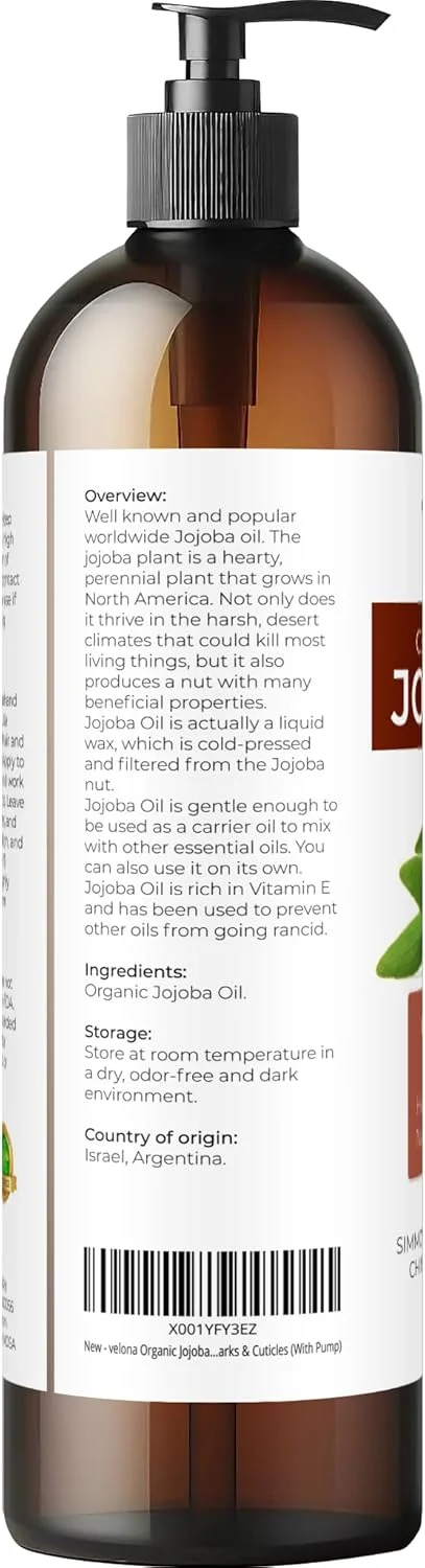 روغن جوجوبا ارگانیک ولونا 236 میلی لیتر - 100% خالص، پرس سرد تصفیه نشده برای صورت، مو، بدن، مراقبت از پوست مستعد آکنه، ترک های پوستی و کوتیکول ها (همراه با پمپ)