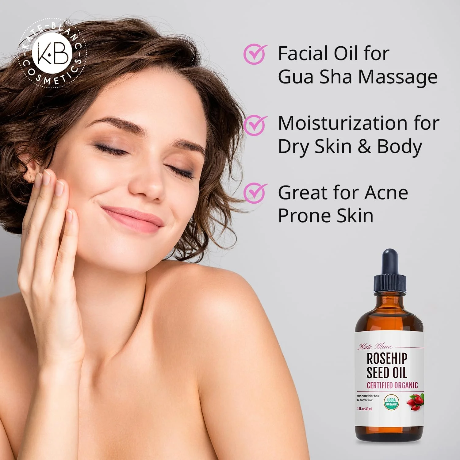 روغن گل رز کیت بلانک برای صورت و پوست (30 میلی لیتر، ارگانیک، خالص، پرس سرد) روغن صورت دانه گل رز برای ماساژ صورت و گوا شا