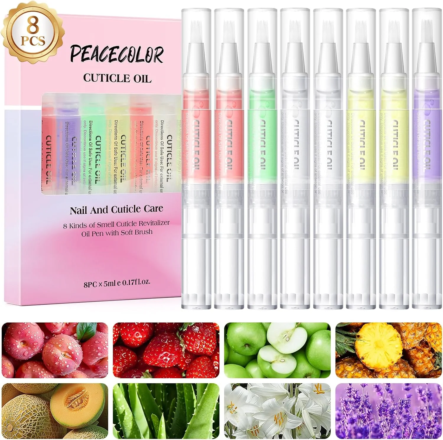 روغن کوتیکول ناخن Peacecolor، بسته 8 عددی، قلم روغن کوتیکول برای تغذیه کوتیکول های خشک و آسیب دیده، روغن احیا کننده کوتیکول با طعم های مختلف، تقویت کننده ناخن، کیت مراقبت از ناخن