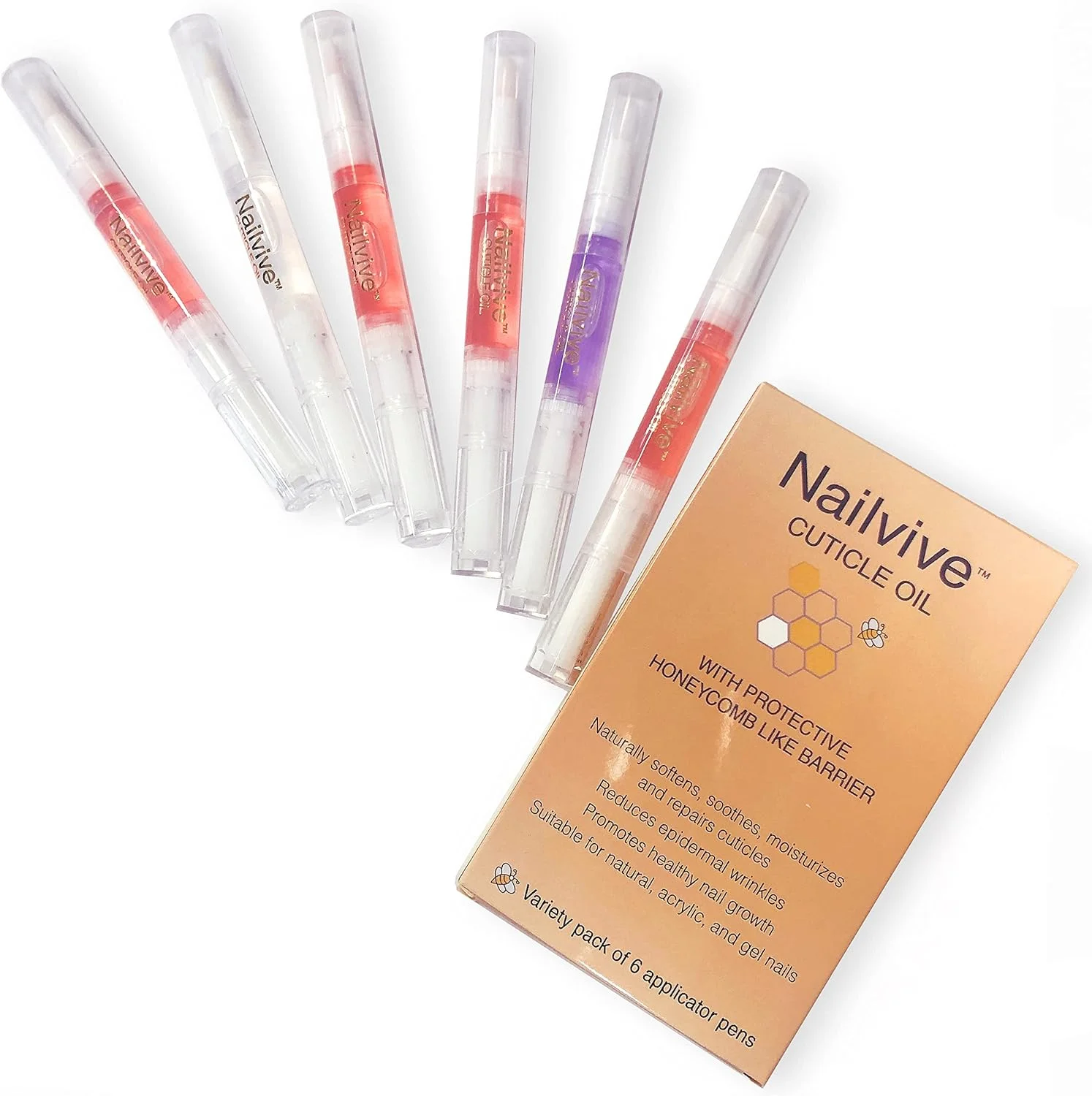 روغن کوتیکول ناخن Nailvive، شش قلم، روغن های احیا کننده، مجموعه طبیعی منحصر به فرد از روغن های غنی برای تامین رطوبت، محافظت و تغذیه کوتیکول های خشک، شکننده و ترک خورده، ناخن ها و پوست (بسته 6 عددی روغن کوتیکول)