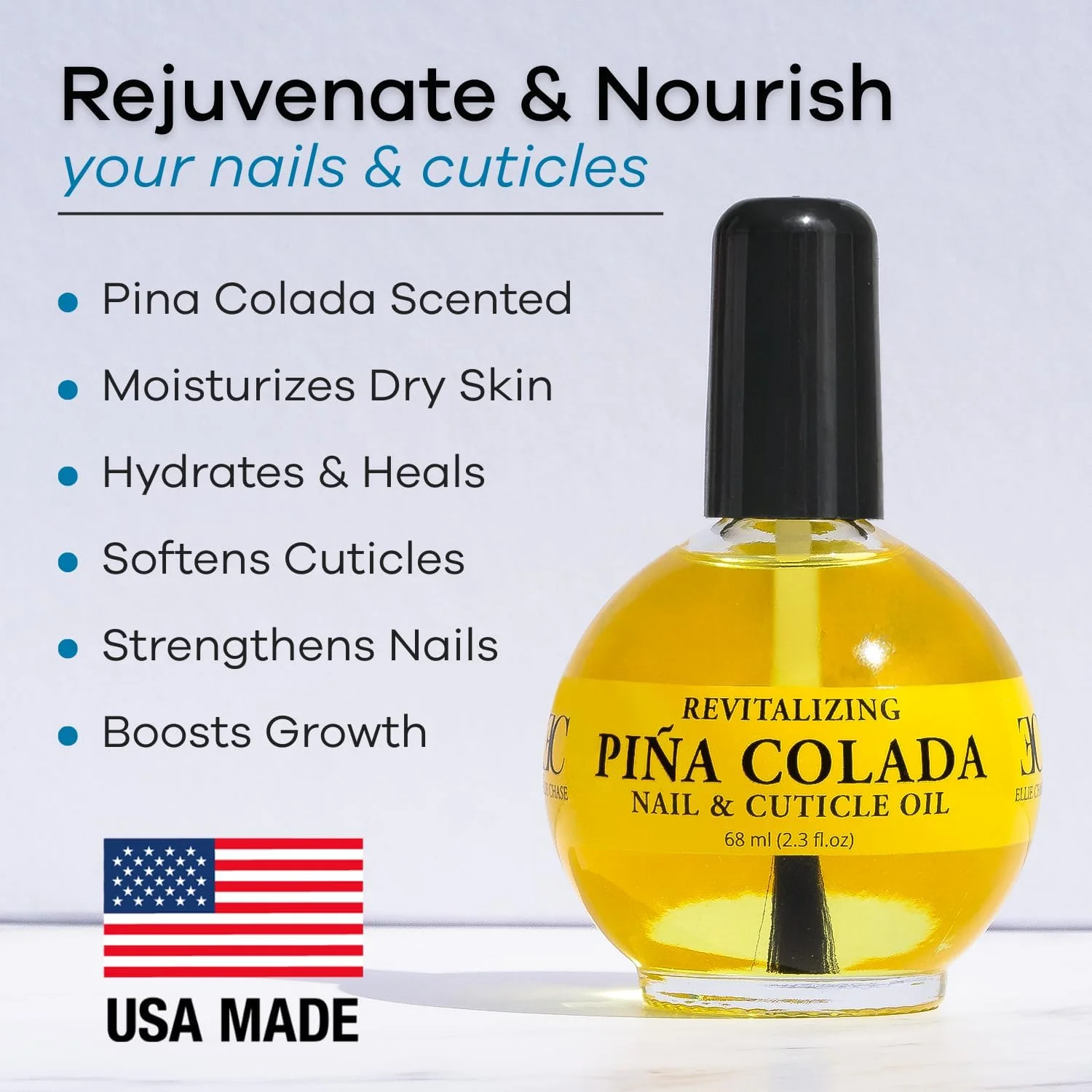 روغن مرطوب کننده کوتیکول و مراقبت از ناخن الی چیس 68 میلی لیتر - با رایحه پینا کولادا - غنی شده با روغن جوجوبا، آلوئه ورا، ویتامین E - آبرسانی، ترمیم، مرطوب کننده، تقویت کننده و رشد ناخن و کوتیکول