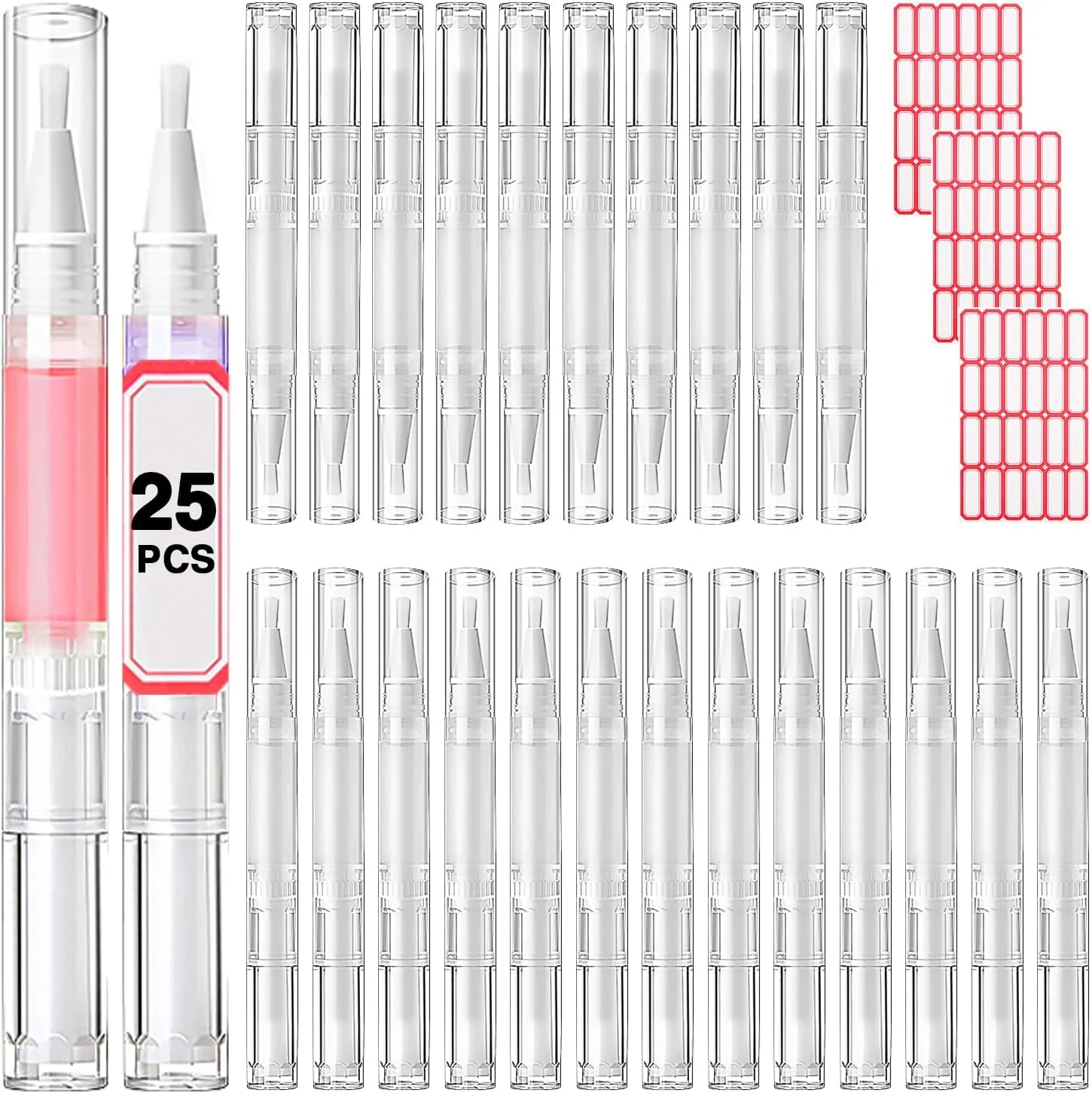 قلم روغن ناخن 25 عددی 3 میلی لیتری، قلم های پیچشی شفاف خالی با نوک برس برای روغن ناخن، کرم پودر مایع، لوله مایع رشد مژه، پخش کننده روغن کوتیکول خالی + 48 عدد برچسب