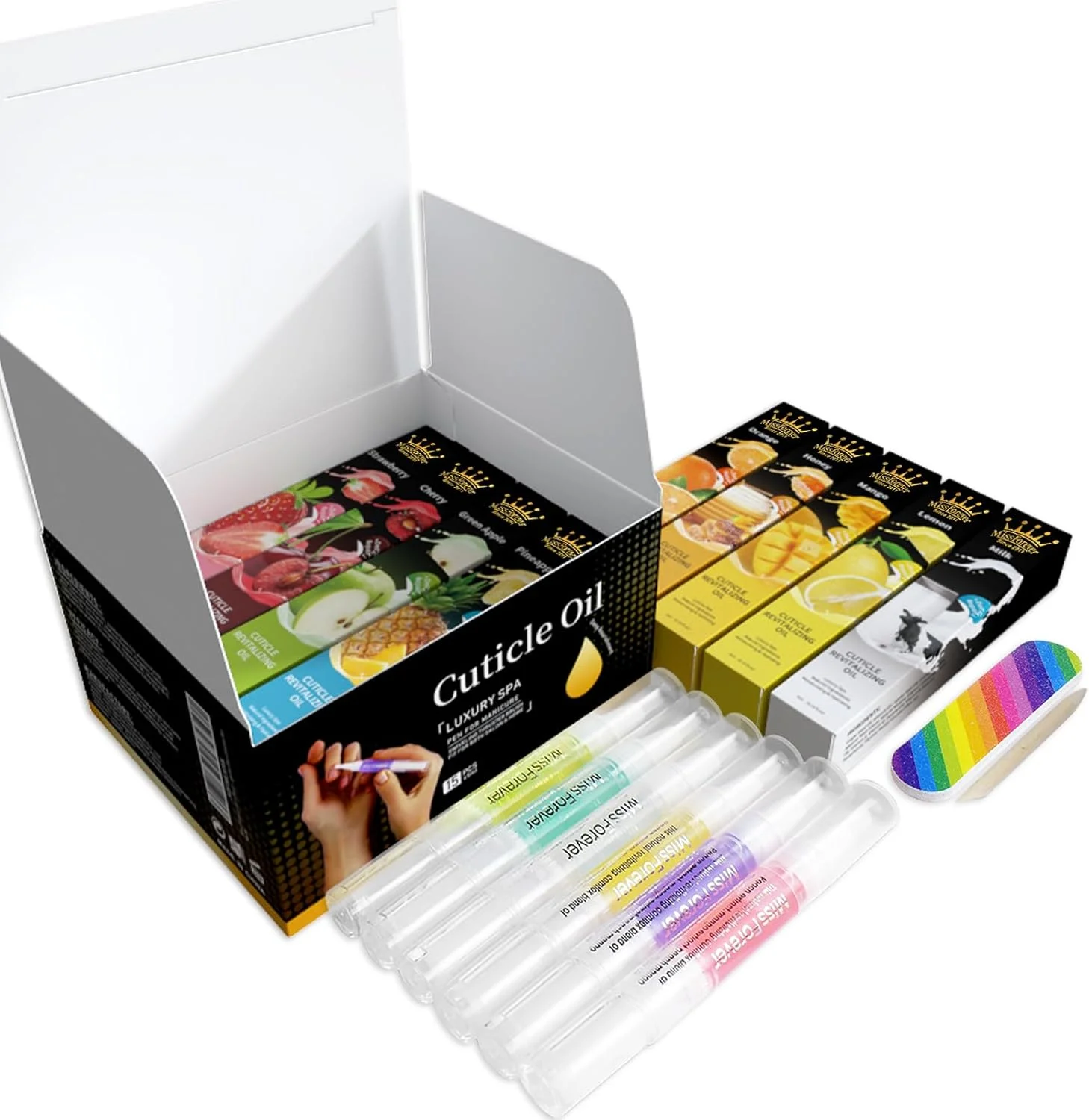 بسته ۱۴+۱ عددی قلم روغن کوتیکول، قلم روغن ناخن با برس، رایحه ملایم و طبیعی، ۵ میلی لیتر در هر ظرف، نرم کننده و مراقبت از کوتیکول های خشک