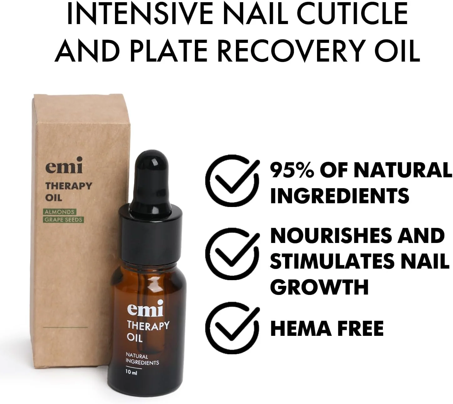 روغن ترمیم کننده کوتیکول ناخن با 95.35% روغن بادام طبیعی، روغن هسته انگور، روغن پرتقال و ویتامین E، روغن درمانی EMI 10 میلی لیتر