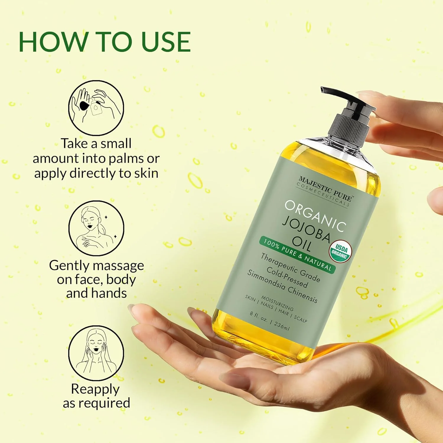 روغن جوجوبا ارگانیک مجستیک پیور - 236 میلی لیتر | 100% خالص و طبیعی، پرس سرد | مرطوب کننده برای مراقبت از پوست، ماساژ، مراقبت از مو و رقیق کردن روغن های اساسی روغن جوجوبا ارگانیک مجستیک پیور - 236 میلی لیتر | 100% خالص و طبیعی، پرس سرد | مرطوب کننده برای مراقبت از پوست، ماساژ، مراقبت از مو و رقیق کردن روغن های اساسی