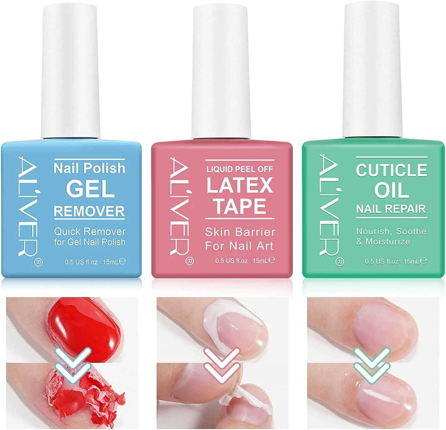 مجموعه ۳ عددی پاک کننده لاک ژل ALIVER، پاک کننده لاک ناخن با روغن کوتیکول ناخن و نوار لاتکس، پاک کننده لاک ژل جادویی، آسان و ملایم، بدون نیاز به فویل، خیساندن یا پیچیدن