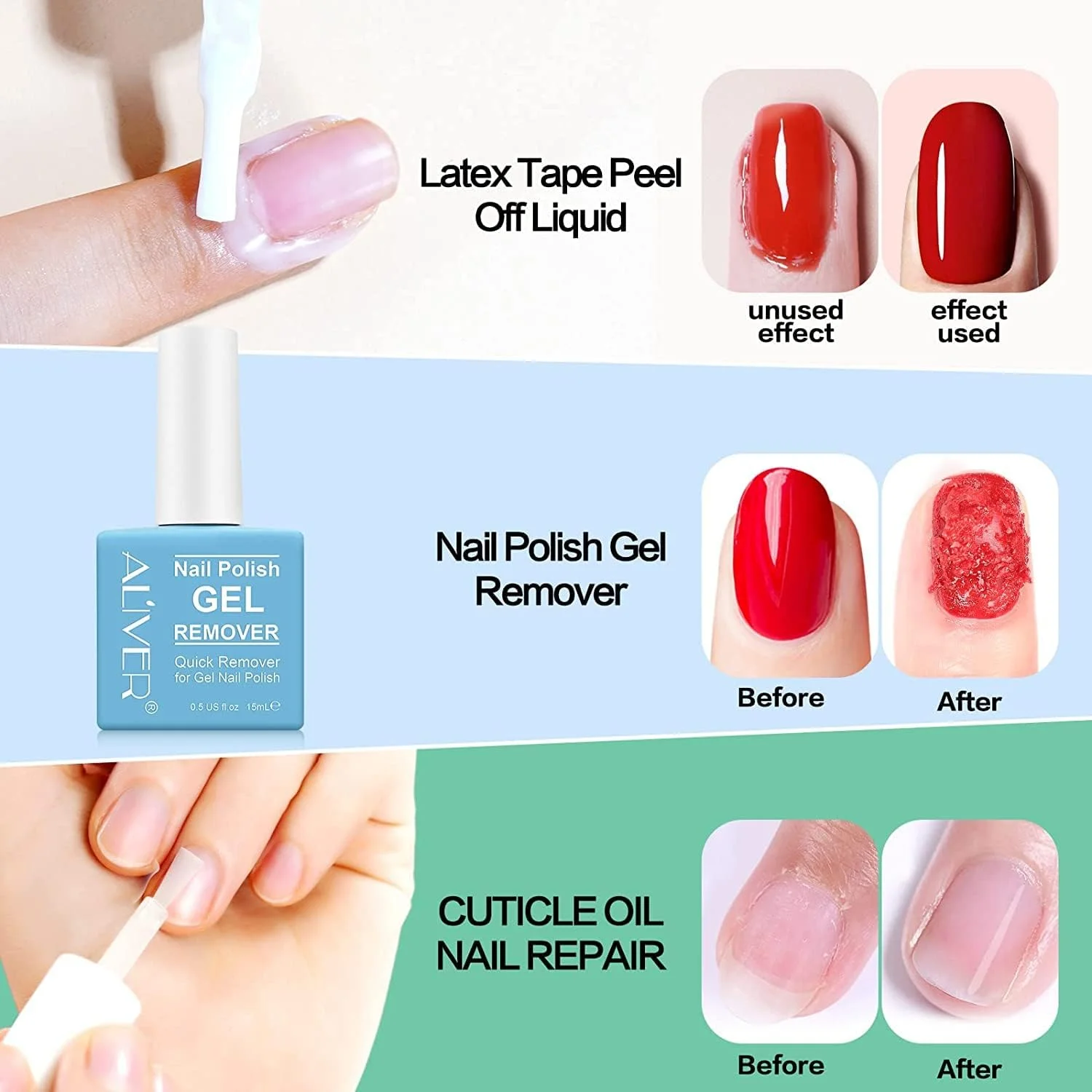 مجموعه ۳ عددی پاک کننده لاک ژل ALIVER، پاک کننده لاک ناخن با روغن کوتیکول ناخن و نوار لاتکس، پاک کننده لاک ژل جادویی، آسان و ملایم، بدون نیاز به فویل، خیساندن یا پیچیدن