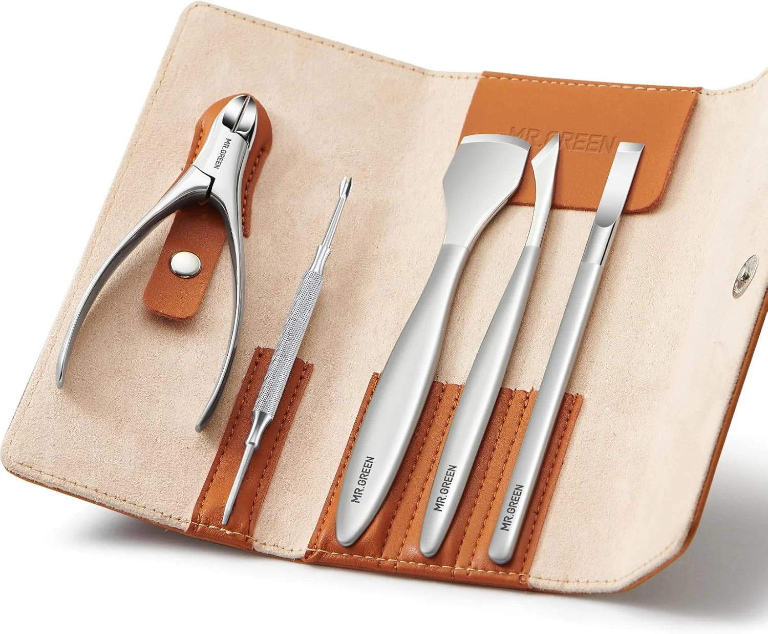 ست چاقوی پدیکور MR.GREEN، ابزارهای حرفه ای مراقبت از پا، شامل ناخن گیر استیل ضد زنگ، نیپر کوتیکول ناخن و ابزار حذف کننده (ست 5 عددی)
