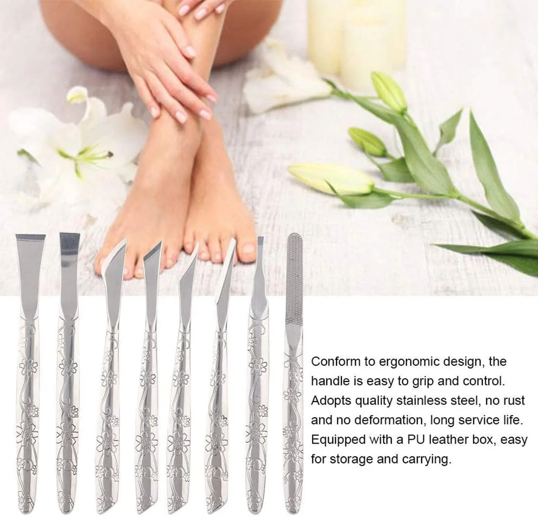 مجموعه ۸ عددی ابزار پدیکور استیل ضد زنگ Excefore برای مراقبت از پا، شامل رنده پدیکور، ناخن گیر و انبر مخصوص ناخن های فرورفته به همراه کیف نگهداری