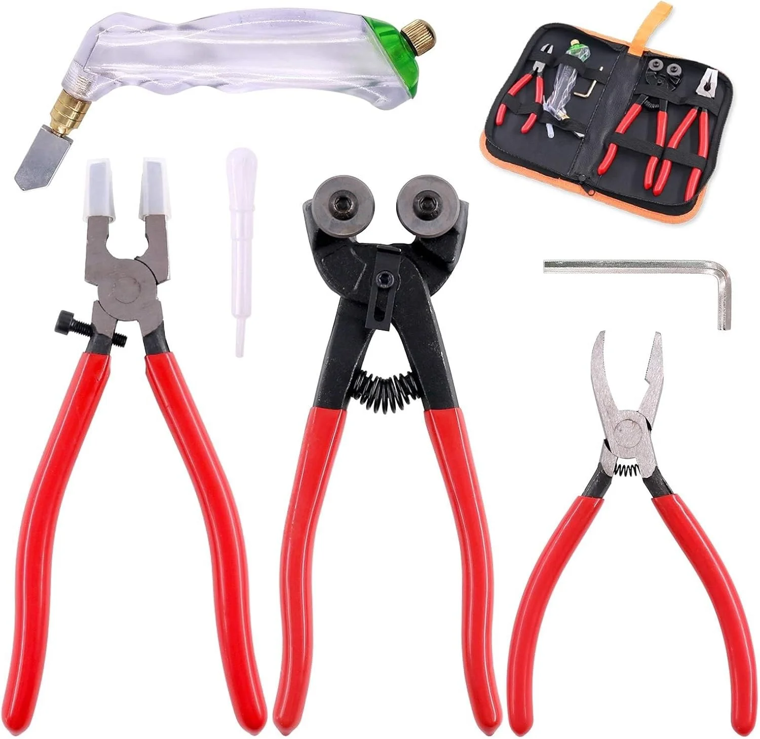 مجموعه ابزار 5 تکه برش شیشه شامل انبر کاشی چرخ دار، انبر جدا کننده، انبر Grozer، شیشه بر با دسته пистолетی و آچار آلن