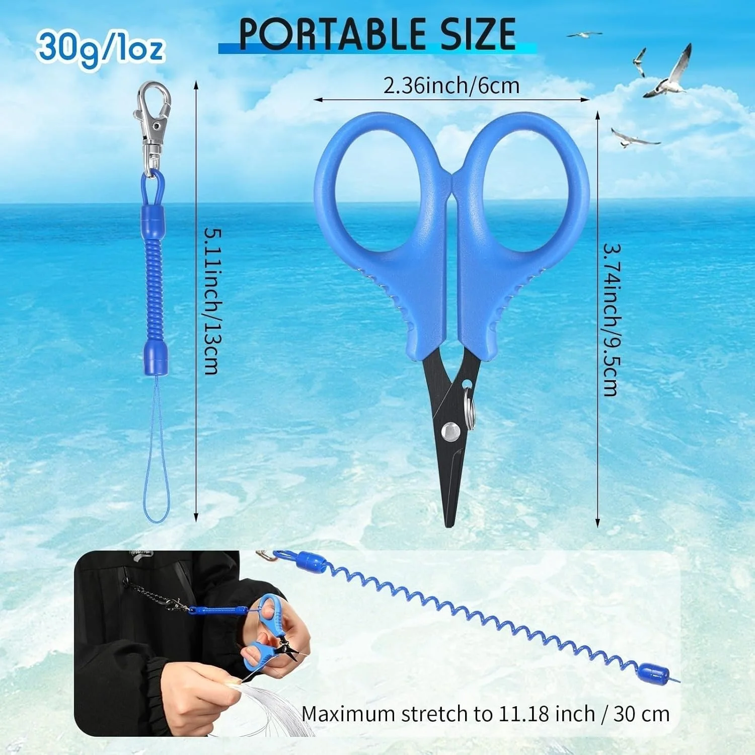 قیچی ماهیگیری فروشگاه سفید، ابزار ماهیگیری، برشگر قابل حمل خط بافته شده، ماهیگیری استیل ضد زنگ با قلاب و بند جمع شونده، لوازم جانبی ماهیگیری