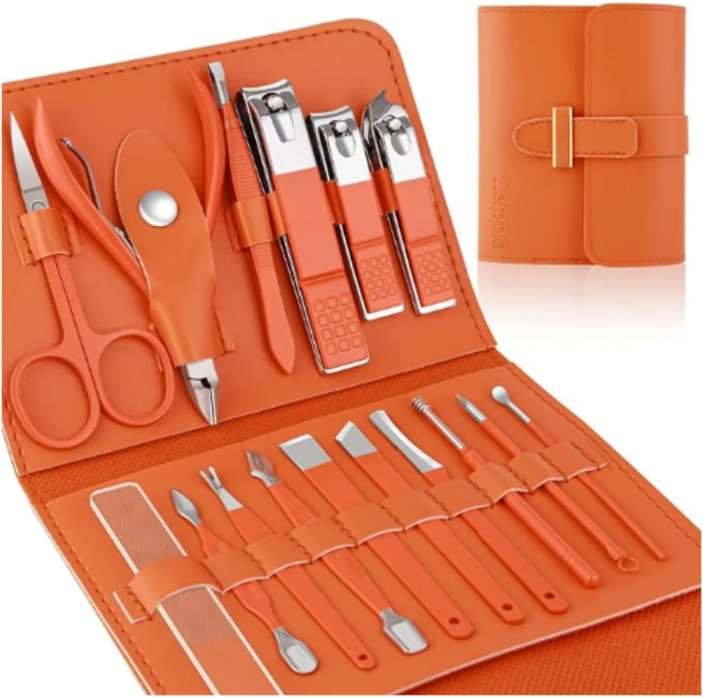 ست مانیکور یلاجوی، ست پدیکور و ناخن گیر، ست حرفه ای 16 تکه ابزار نظافت از جنس استیل ضد زنگ با کیف چرمی مسافرتی سگک دار لوکس برای ناخن های ضخیم، هدیه ای برای آقایان و بانوان (نارنجی)