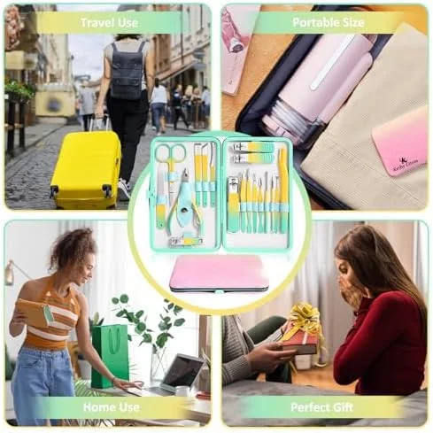 ست مانیکور و پدیکور - مجموعه 18 عددی ابزار حرفه ای مراقبت از ناخن، استیل ضد زنگ، مناسب برای آقایان و بانوان، قابل حمل (رنگ)