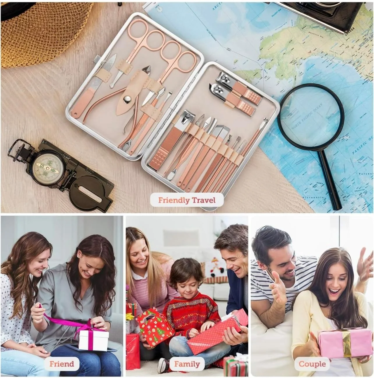 ست مانیکور KASTWAVE، ست ناخن گیر پدیکور - 18 تکه ست مانیکور استیل ضد زنگ، ست های پیرایش حرفه ای، ابزار مراقبت از ناخن با کیف مسافرتی لوکس صورتی