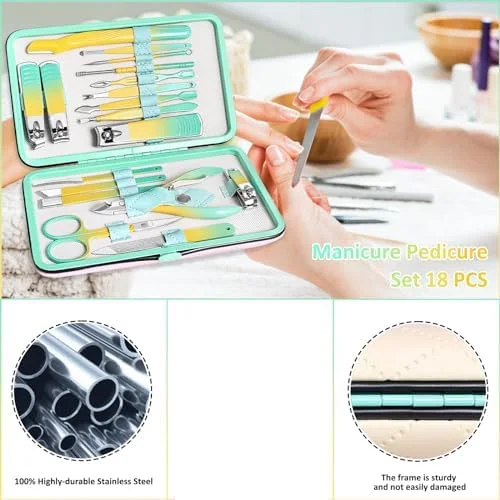 ست مانیکور و پدیکور - مجموعه 18 عددی ابزار حرفه ای مراقبت از ناخن، استیل ضد زنگ، مناسب برای آقایان و بانوان، قابل حمل (رنگ)