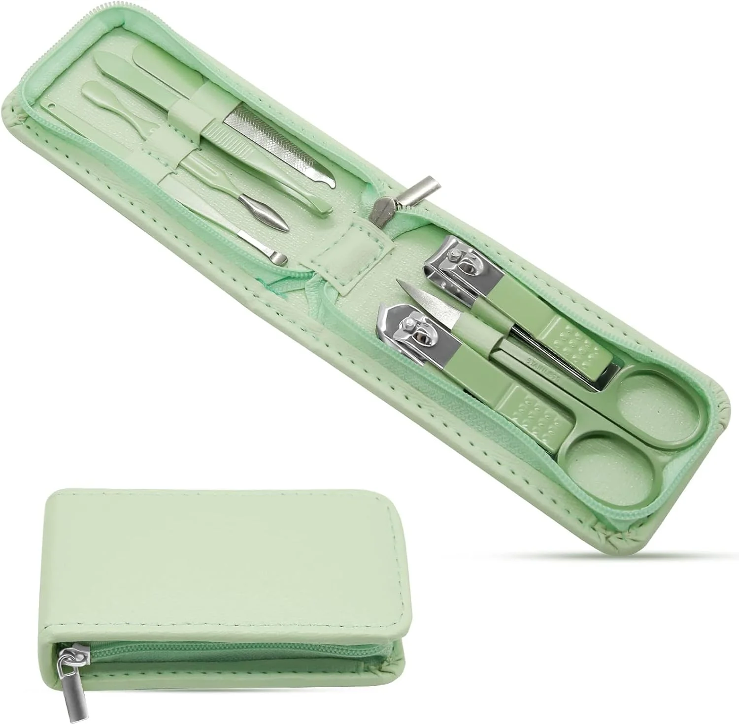 ست مانیکور 7 تکه، ست قیچی ناخن گیر استیل ضد زنگ، ابزار زیبایی مانیکور، ست مسافرتی پدیکور ناخن، ست های نظافت با بسته مسافرتی، ست مانیکور مراقبت از ناخن برای زنان و مردان (سبز)