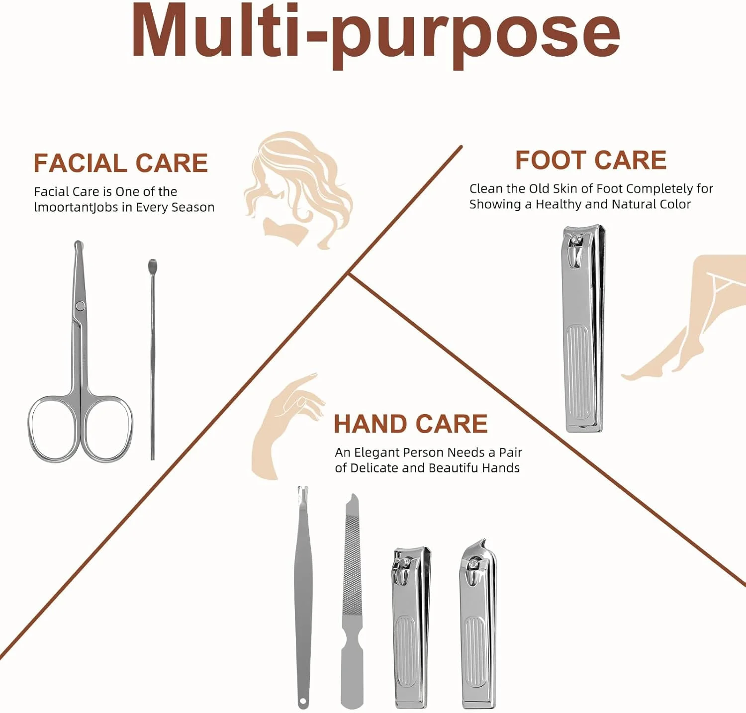 ست مانیکور استیل ضد زنگ درجه یک، کیت پیرایش 6 تکه با کیف PU، ابزار مراقبت از ناخن قابل حمل، هدیه قیچی ناخن دقیق برای آقایان و خانم ها