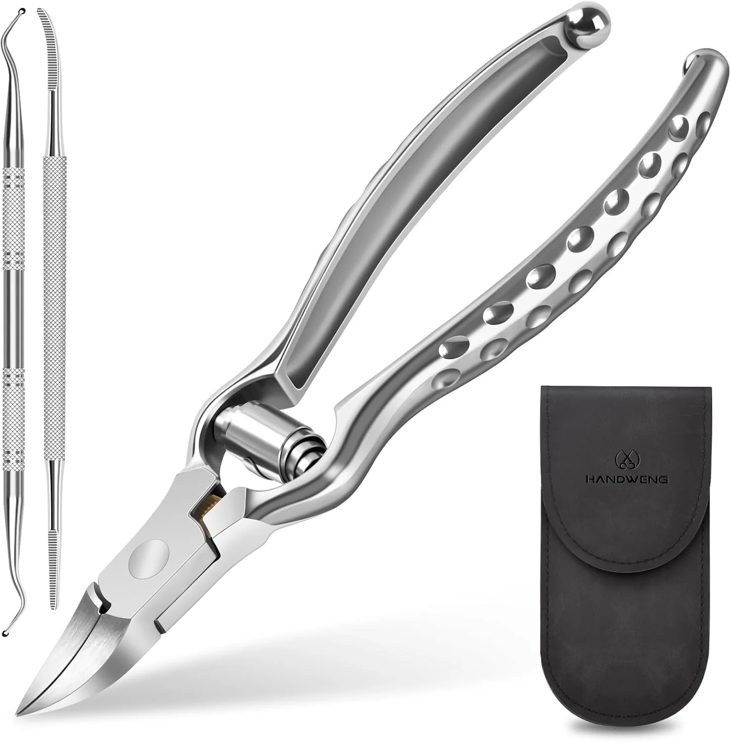 ست ۳ تکه ناخن گیر پا فرورفته KASTWAVE ? ناخن گیر پا استیل ضد زنگ سنگین با دسته ارگونومیک بلند | تیغه های زاویه دار برای ناخن های ضخیم، سالمندان (بالابر ناخن، سوهان و کیف چرمی)